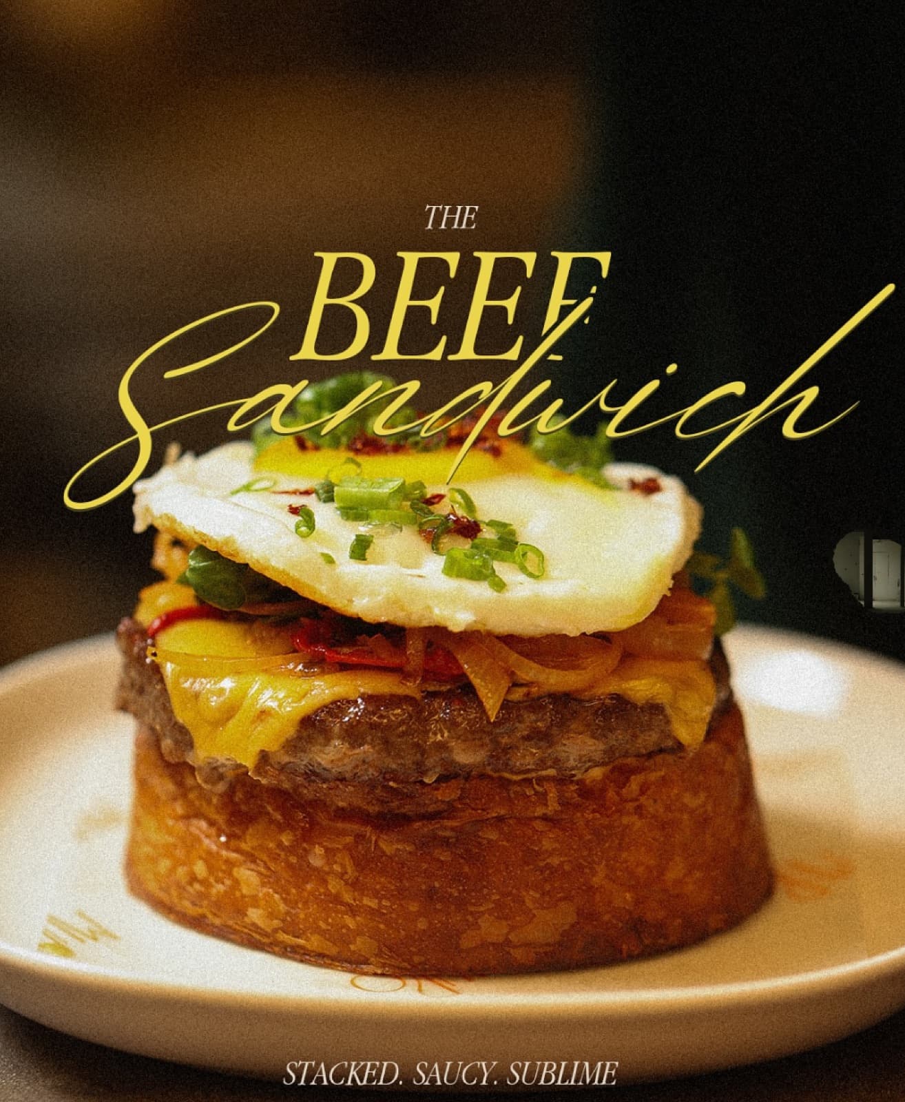 A close-up shot of a gourmet beef sandwich on a toasted bun, topped with a perfectly fried egg and garnished with fresh green onions and chili flakes.