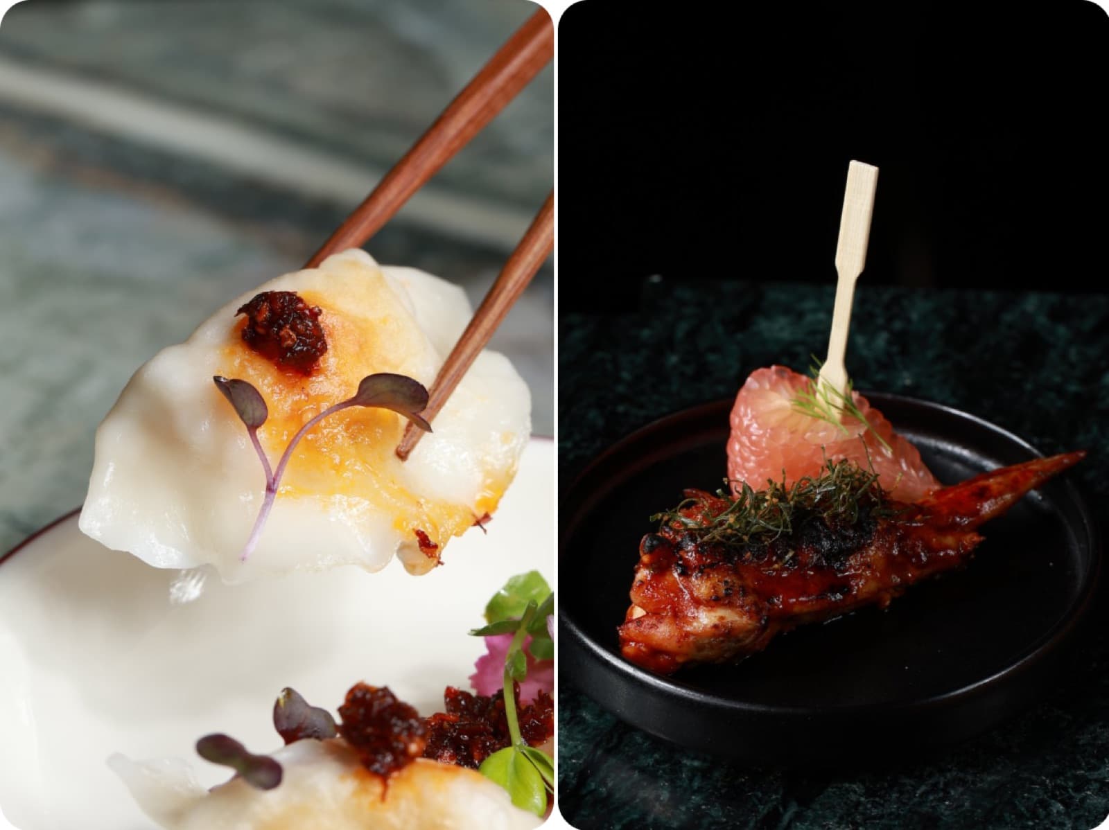 A split image: On the left, a pair of wooden chopsticks lifts a delicate, translucent dumpling garnished with a dark chili crisp; on the right, a glazed, grilled chicken wing on a small black plate is garnished with shredded herbs and a fresh segment of pomelo.