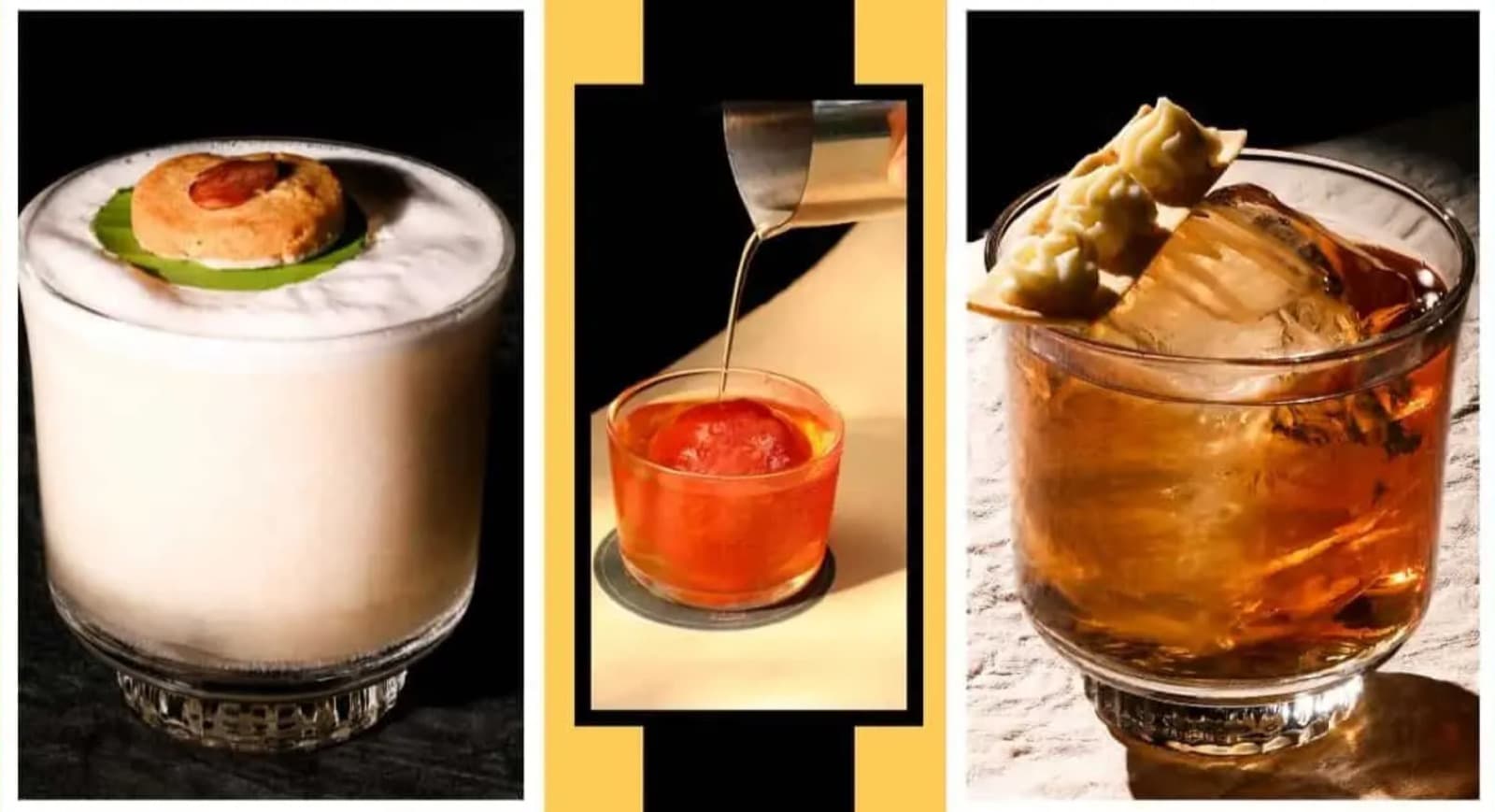 A horizontal triptych showcasing three cocktails from Muro Musings 2.0 with varied textures: a creamy taro-topped drink, a bright orange nitro-charged pour, and a clear amber drink on a large ice cube.